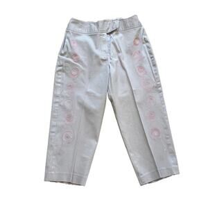 Cotton Stretch Tan/Neutral Cropped Chinos with Pink Floral Embroidery, Size 10